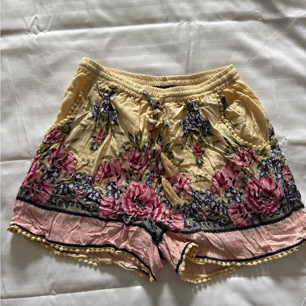 Blue Rain High Waist Floral Shorts in Pink and Yellow